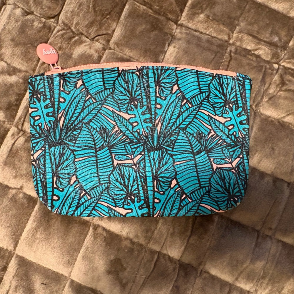 Ipsy Tropical Leaf Makeup Bag (teal & coral)